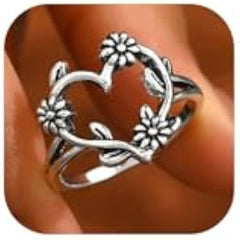 Heart Ring Statement Silver Boho Fashion Western Vintage Rings Christmas Accessories Jewelry for Women Birthday Gifts Stocking Stuffers