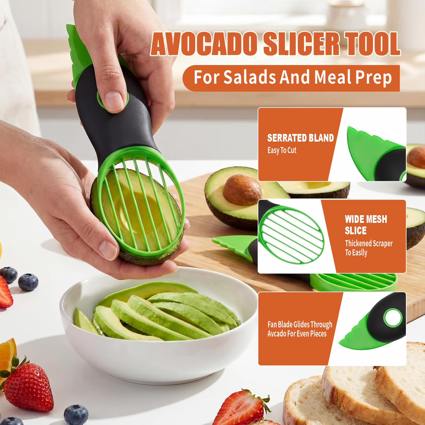 Avocado Slicer 3 Piece Set, Fruit Vegetable Avocado Tools-Kitchen Gadgets, for Slicing, Dicing and Keeping Avocados Fresh (Avocado Slicer+Saver+Cutter)
