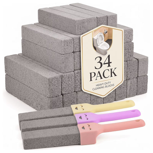 34 Pack Pumice Stone Toilet Cleaner with 3 Handles, Scouring Sticks for Toilets, Sinks, Grills, Hard Water Rings & Rust