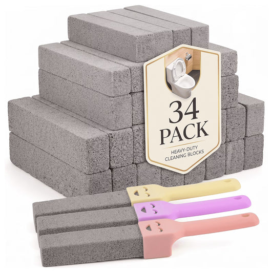 34 Pack Pumice Stone Toilet Cleaner with 3 Handles, Scouring Sticks for Toilets, Sinks, Grills, Hard Water Rings & Rust