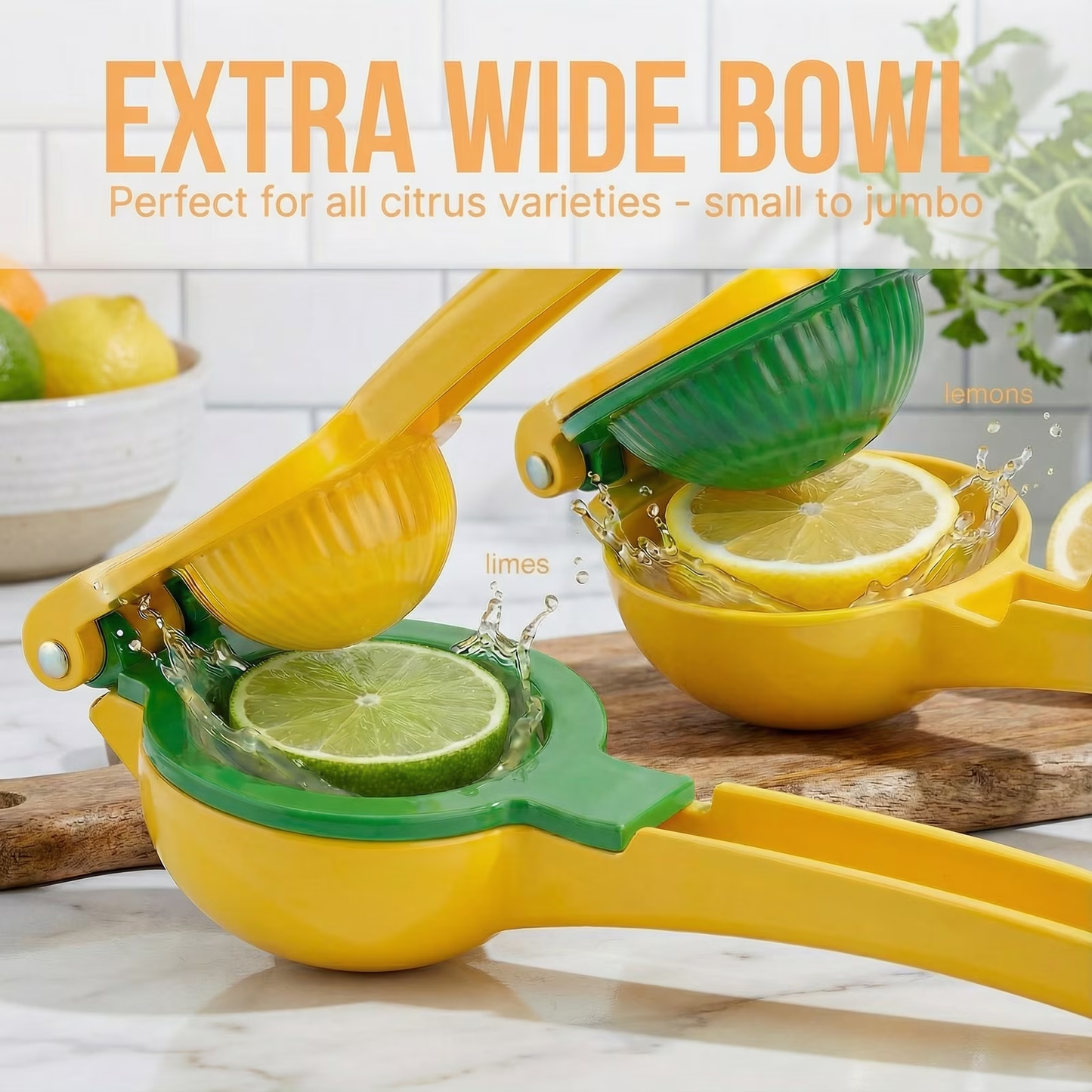 2-in-1 Lemon & Lime Squeezer Manual Citrus Juicer, Heavy Duty Hand Press for Home Kitchen & Bar Cocktails (1 Pack), Yellow/Green