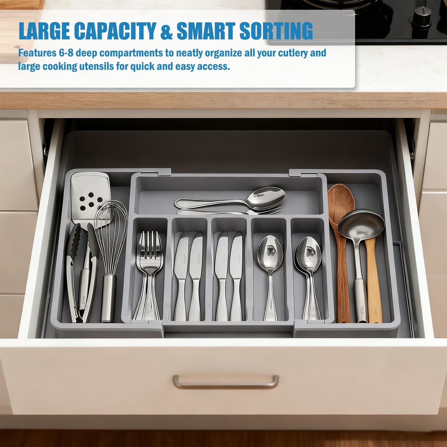Rinima Large Silverware Drawer Organizer for Kitchen, Expandable Utensil Tray for Spoons Forks Knives Tools, 6-8 Slots