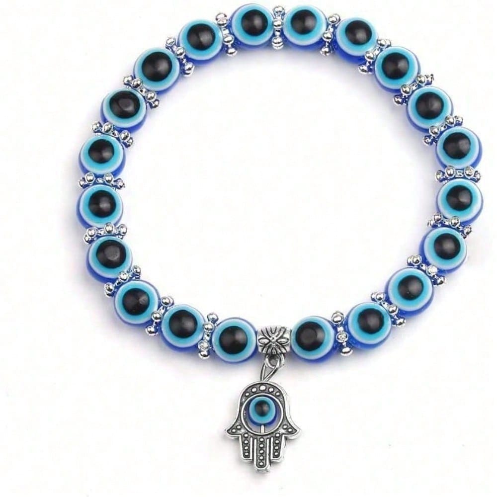 Handmade Retro Simple Volcanic Stone Palm Eye White Turquoise Elastic Beaded Bracelet