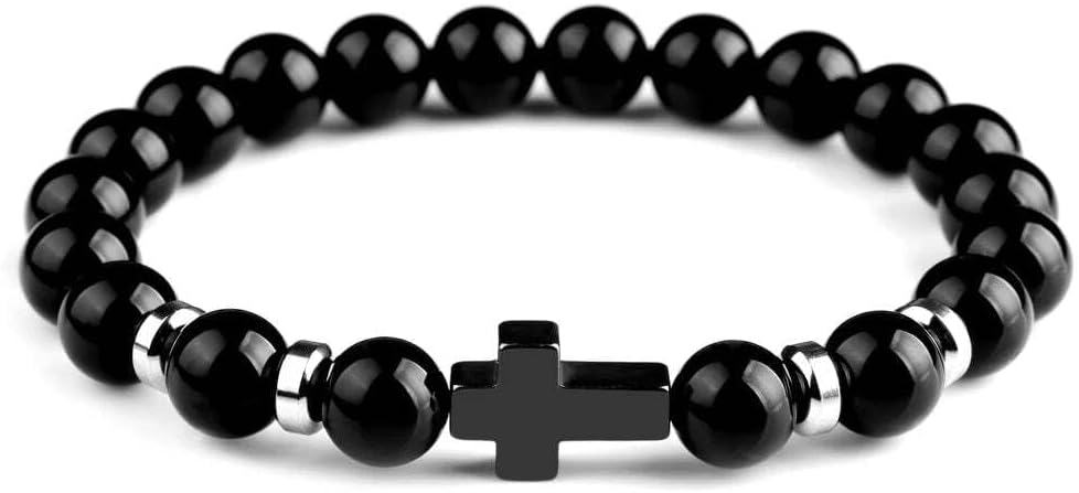 Natural Stone Cross Bracelets Hematite Stainless Steel Cross Elastic Rope Map Lava Bead Bracelet For Men Women Charm Jewelry