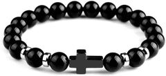 Natural Stone Cross Bracelets Hematite Stainless Steel Cross Elastic Rope Map Lava Bead Bracelet For Men Women Charm Jewelry