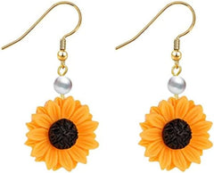 Handmade Resin 3D Sunflower Daisy Flower Drop Dangle Earrings Wooden Little Daisy Flower for Women Girls You are My Sunshine Summer Boho Jewelry, Resin Metal Wood, resin