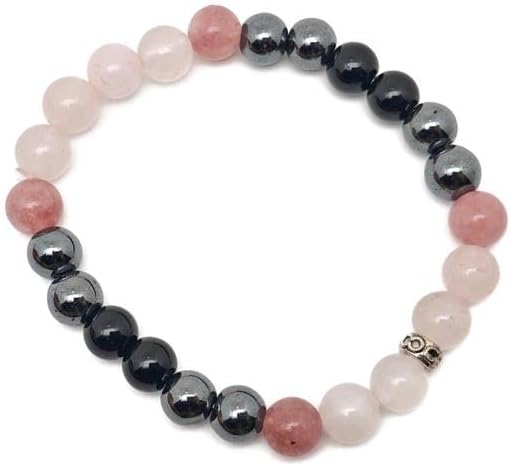 Natural Hematite, Obsidian, Strawberry Quartz & Rose Quartz 8mm Round Shape Smooth Cut Beads Stretchable Bracelet For Men & Women. Unisex Bracelet For Healing|STB_VG_11714