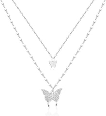Crystal Butterfly Layered Necklaces for Women Dainty Layering Pendant Necklace Adjustable CZ Animal Chain Choker Cute Jewelry