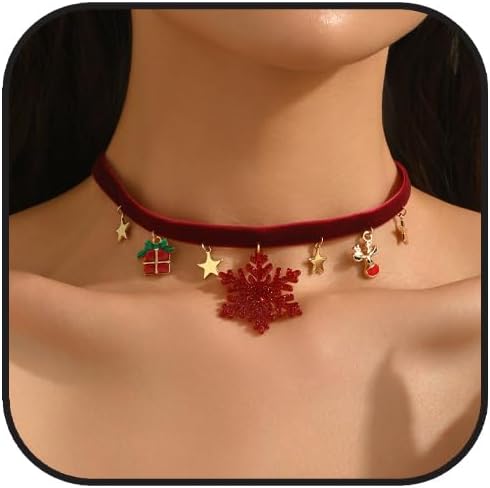 Christmas Choker Necklace for Women Christmas Red Velvet Choker Red Velvet Snowflake Star Reindeer Pendant Necklace Christmas Party Costume Accessories