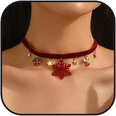 Christmas Choker Necklace for Women Christmas Red Velvet Choker Red Velvet Snowflake Star Reindeer Pendant Necklace Christmas Party Costume Accessories