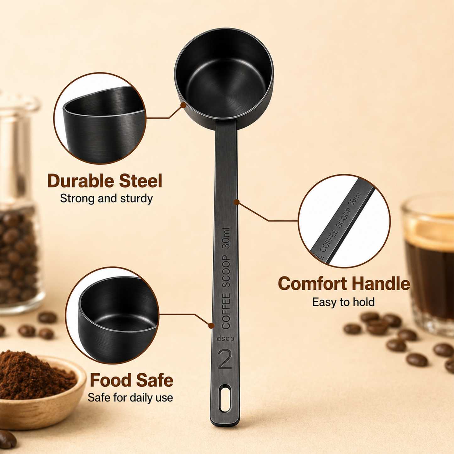 Long Handle Metal Coffee Scoop 6.5in, 2 Tablespoon 30ml 18/8 Stainless Steel Measuring Spoon for Coffee Grounds, Beans, Tea Powder, Tall Storage Jars & Containers