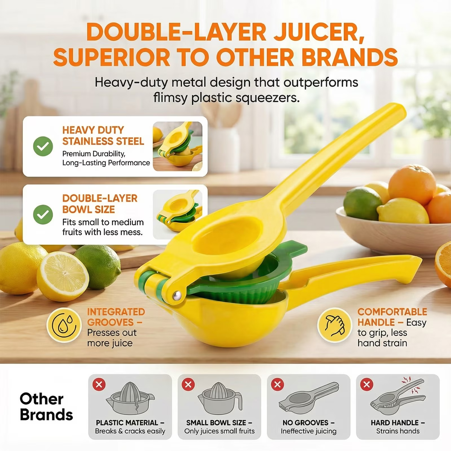 2-in-1 Lemon & Lime Squeezer Manual Citrus Juicer, Heavy Duty Hand Press for Home Kitchen & Bar Cocktails (1 Pack), Yellow/Green