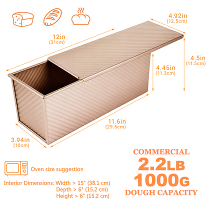 2.2 Lb Pullman Loaf Pan with Lid, 13x4 Nonstick Carbon Steel Bread Pan for Sandwich & Sourdough, Rectangular Corrugated Toast Box Mold for Oven Baking, Heavy Duty Easy Clean Bakeware