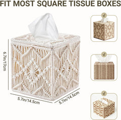 Tissue Box Cover, Square Tissue Box Holder Boho Decor Tissue Organizer, Bohemian Handmade Woven Tissue Cube Box for Bathroom Living Room Kitchen, Send Goods from Local Warehouse