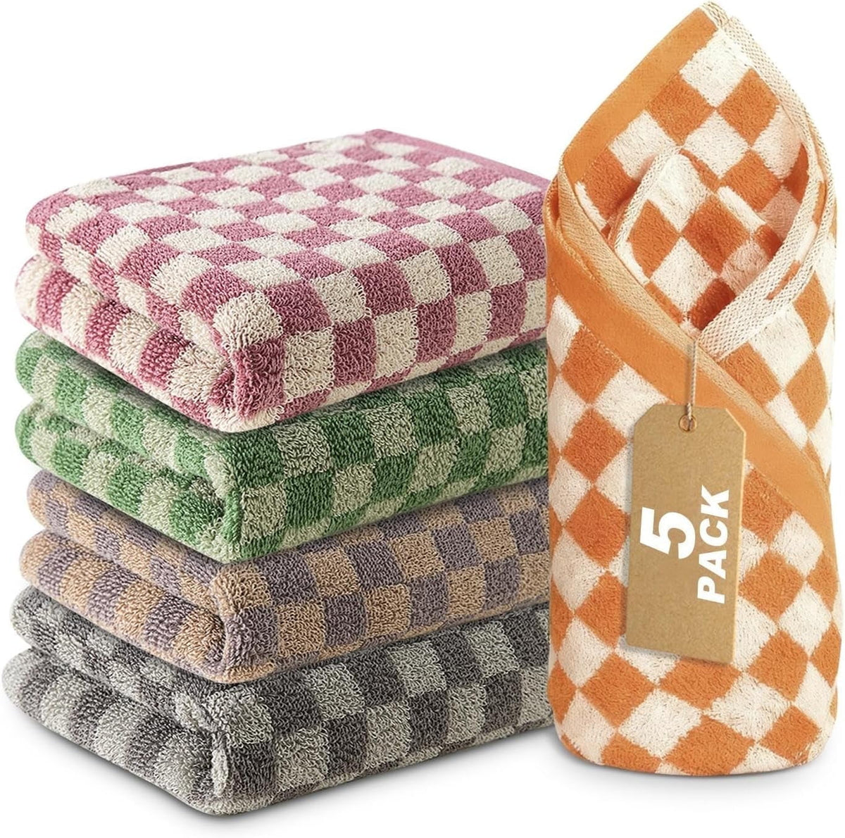 5 Pack Cotton Hand Towels, Checkered Pattern, Multi-Color, 13 x 29 Inches, Quick Drying, Modern Style, Soft and Absorbent for Bathroom, Kitchen, Gym, Spa