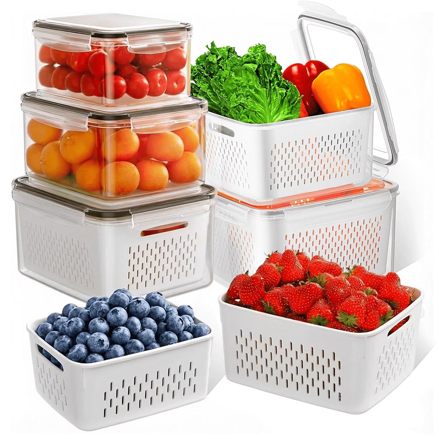 5 Pcs Fruit Storage Containers for Fridge with Removable Colanders, Leakproof Produce Containers with Lids for Salad Berry Lettuce Vegetables Meat Fresh longer