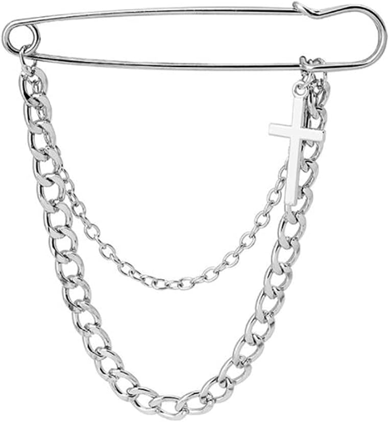 1Pieces Silver Safety Pin Hanging Chains Cross Brooch Pins for Women - Punk Long Chain Brooch Pin for Sweater Shawl Clips Faux