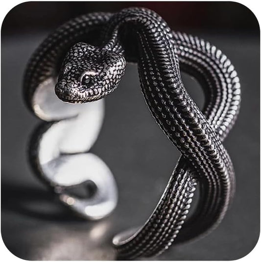 SUKKCCNO Vintage Gothic Black Snake Ring for Women Men Handmade Stainless Steel Serpent Reptile Open Rings Adjustable Animal Rings Punk Jewelry Gift