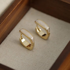 18K Gold Plated, Gold Huggie Hoop Earrings with Pearl Inlay for Women – Minimalist Rectangular Design – Elegant Everyday Jewelry for Office, Casual & Formal Wear