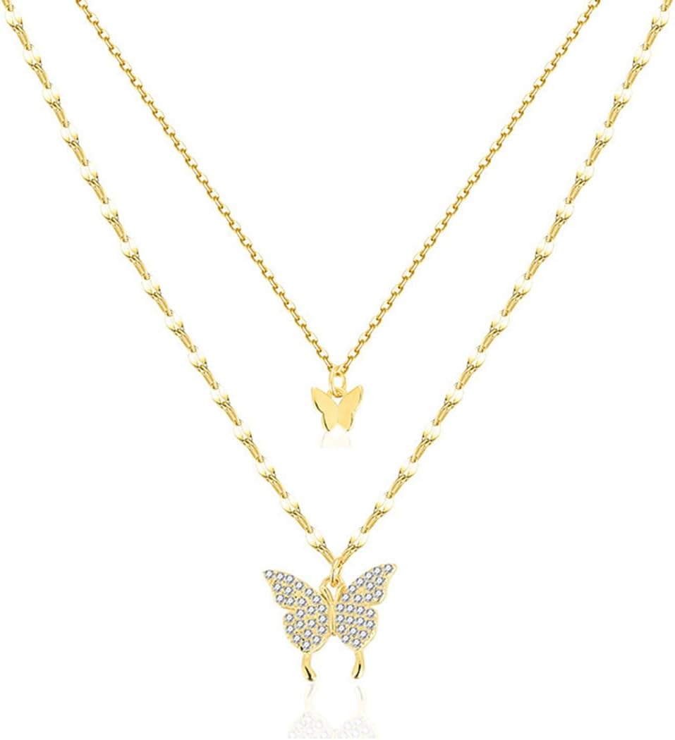 Crystal Butterfly Layered Necklaces for Women Dainty Layering Pendant Necklace Adjustable CZ Animal Chain Choker Cute Jewelry