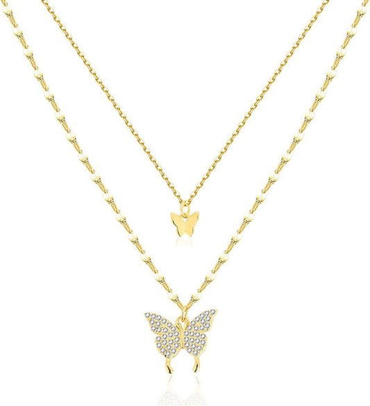 Crystal Butterfly Layered Necklaces for Women Dainty Layering Pendant Necklace Adjustable CZ Animal Chain Choker Cute Jewelry