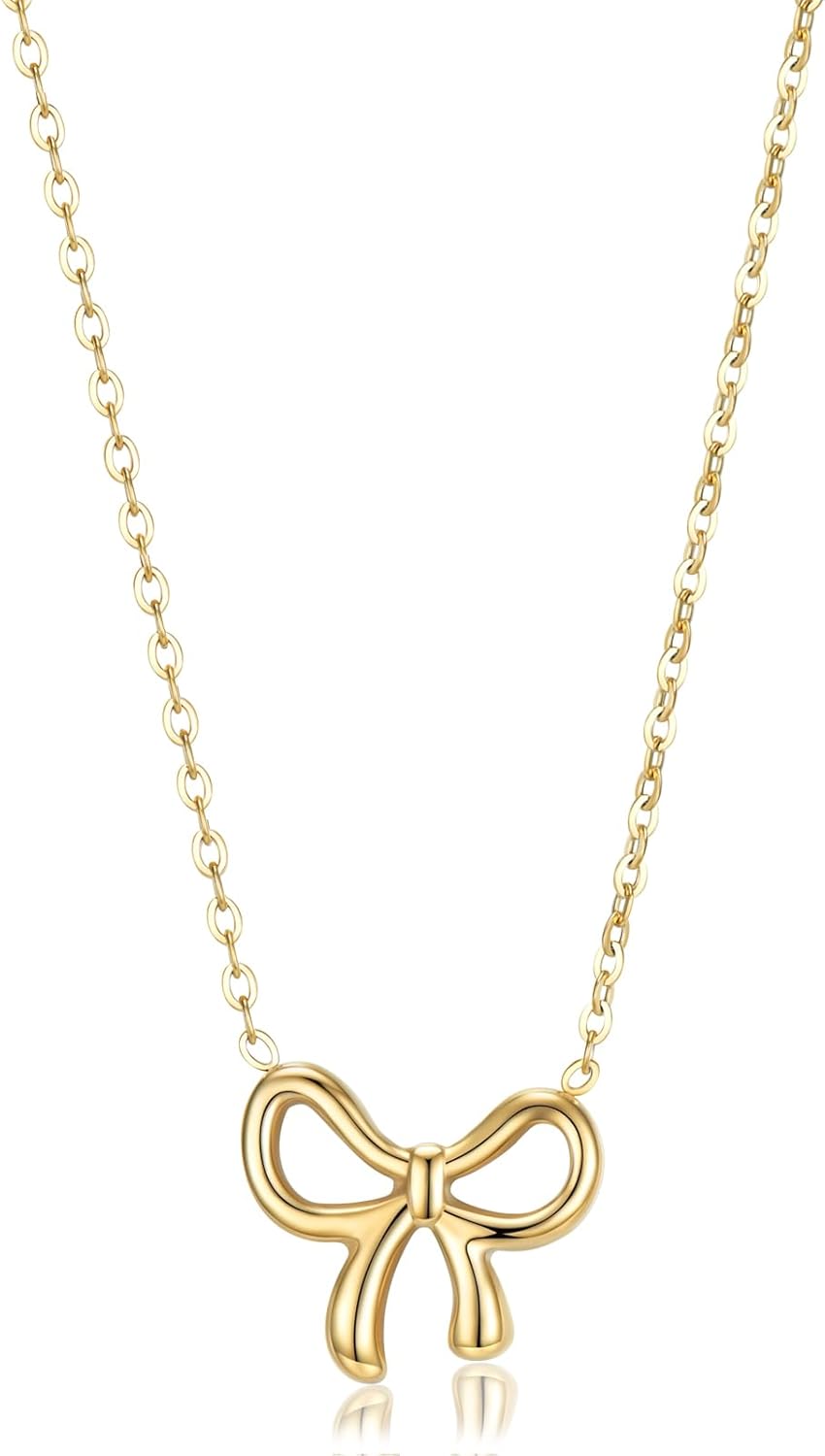 TESTRYE 18K Gold Bow Necklace,Dainty Bow Pendent Choker Necklace Bowknot Bow Tie Necklace for Women