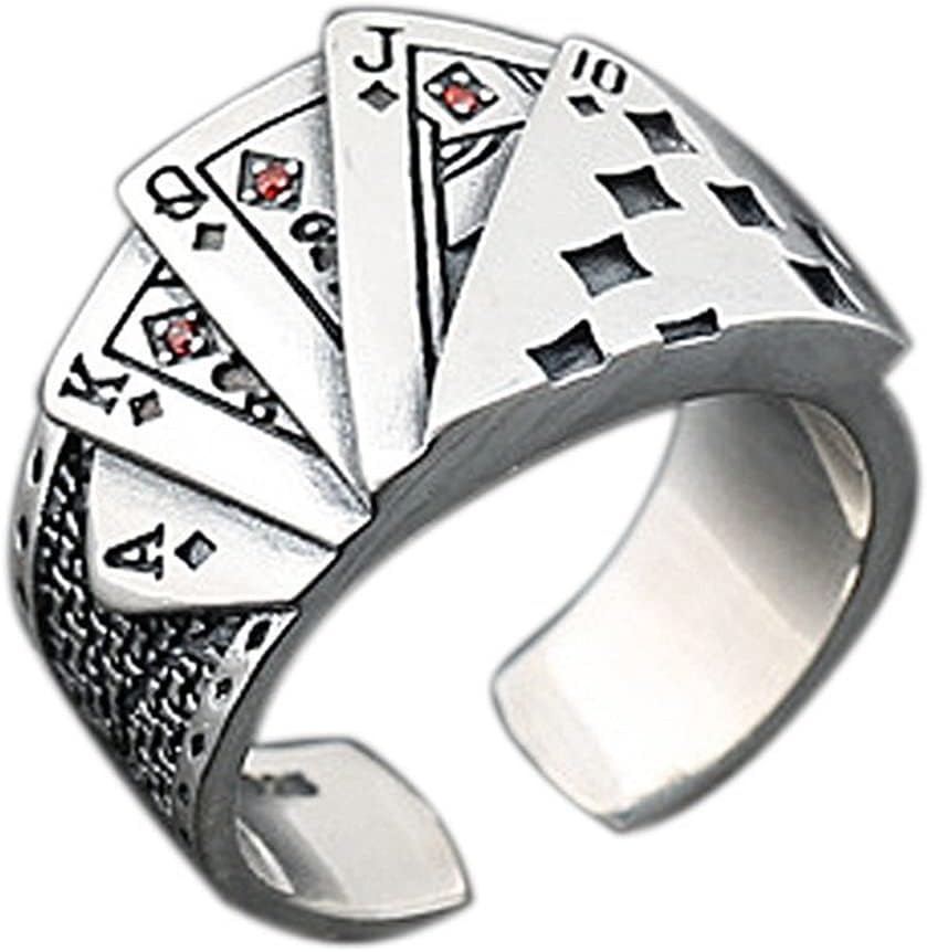 GAUEIOUR Poker Card Ring, Premium Alloy Playing Card Open Adjustable Design, Hip Hop Punk Gothic Style, Vintage Thread, Lucky Flush Set With Red Diamonds, Unisex