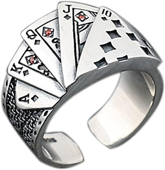 GAUEIOUR Poker Card Ring, Premium Alloy Playing Card Open Adjustable Design, Hip Hop Punk Gothic Style, Vintage Thread, Lucky Flush Set With Red Diamonds, Unisex