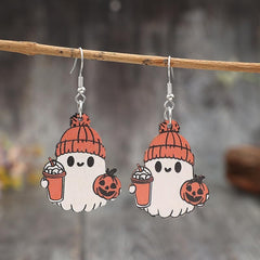 GBAHFY Thanksgiving Wooden Coffee Cup Earrings Halloween Cute Ghost Pumpkin Dangle Earrings for Women Festive Party Jewelry