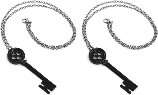 2Pieces Button Necklace Horror Anime Film Movie Black Key Pendant Necklace Fashion Vintage Cosplay Sweater Chain Accessories for Fans Gift