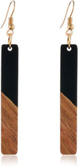Lightweight Bohemian Wooden Acryluc Resin Geometric Bar Rould Drop Dangle Natural Wood Earrings Ethnic African Western Statement Handmade Jewelry for Women