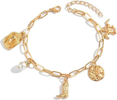 Western Charm Bracelet for Women Cowgirl Hat Western Bracelets Gold Cowboy Boot Bracelet Adjustable Pearl Horse Bracelets Trendy Elegant Jewelry Accessories