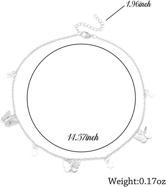 Boho Butterfly Pendant Necklace Star Choker Necklaces Dangle Necklace Chain Jewelry for Women(Silver)