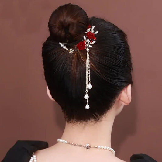 Pearl Rose Hair Clips, Tassel Pill Hair Clip Fashionable Elegant Metal Claw Clips Ponytail Buckle Vintage Hair Pearls Red Rose Flower Clips Hair Accessories for Women Girls Hair Clips