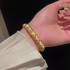 Gold Bracelets for Women, Silver Gold Stripe Bangle Bracelet Cuff Flower Shaped With Simulated Diamond Trendy Mixed Metal Open Gift for Mom Her Jewelry