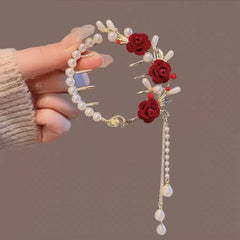 Pearl Rose Hair Clips, Tassel Pill Hair Clip Fashionable Elegant Metal Claw Clips Ponytail Buckle Vintage Hair Pearls Red Rose Flower Clips Hair Accessories for Women Girls Hair Clips