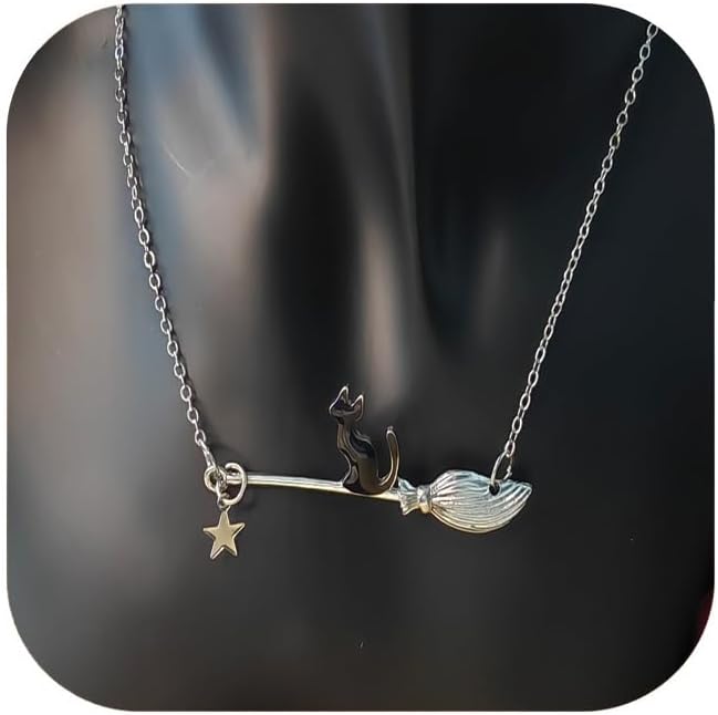 Black Cat Necklace for Women Halloween Black Cat Broom Necklace