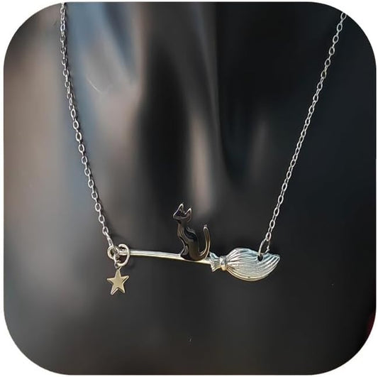 Black Cat Necklace for Women Halloween Black Cat Broom Necklace