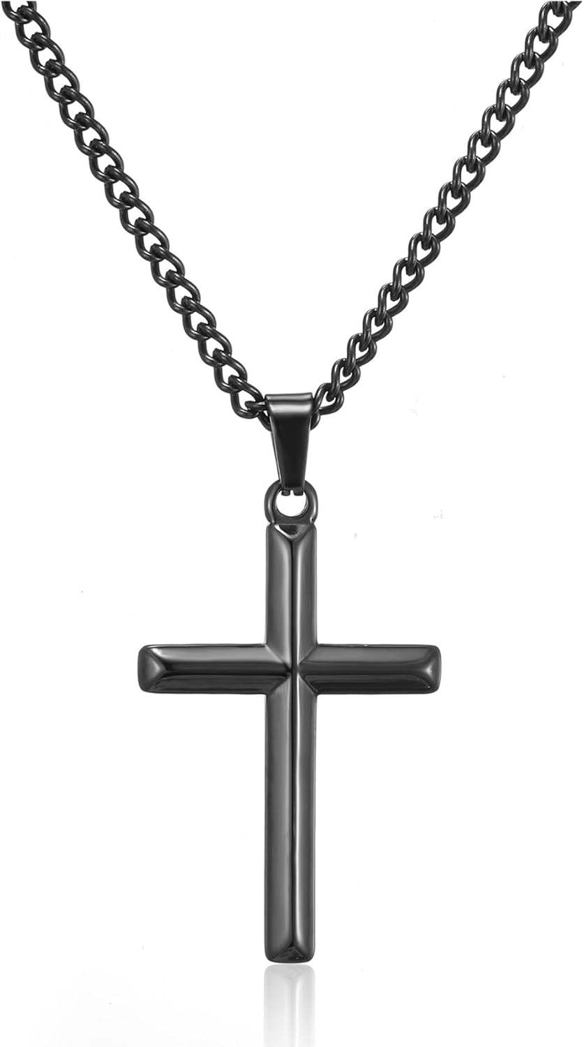 HSWYFCJY Cross Necklace Men Silver/Gold/Black Chain with Bevelled Cross Pendant Stainless Steel Cross Necklace for Men Women Chain Length 45-60cm Holiday/Birthady/Christian Gifts for Boys Girls