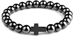 Natural Stone Cross Bracelets Hematite Stainless Steel Cross Elastic Rope Map Lava Bead Bracelet For Men Women Charm Jewelry