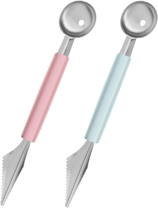 2Pcs Useful Melon Baller Scoop Set DIY Funny Melon Baller Scoop Carving Stainless Steel Fruit Scoop Multi-Function Double-Sided Melon Baller