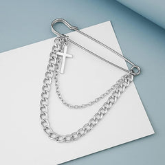 1Pieces Silver Safety Pin Hanging Chains Cross Brooch Pins for Women - Punk Long Chain Brooch Pin for Sweater Shawl Clips Faux