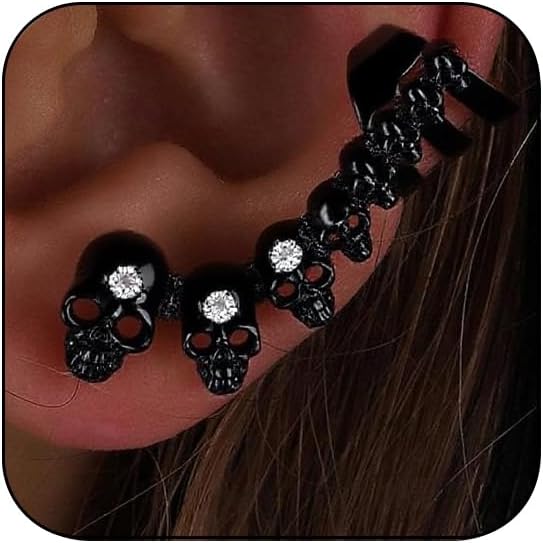 Skull Halloween Earrings for Women,Skull Skeleton Ear Cuffs Punk Non-piercing Cartilage Earring Clip on Earrings for Men Gothic Halloween Jewelry Costume Accessories