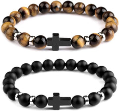 Natural Stone Cross Bracelets Hematite Stainless Steel Cross Elastic Rope Map Lava Bead Bracelet For Men Women Charm Jewelry