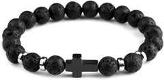 Natural Stone Cross Bracelets Hematite Stainless Steel Cross Elastic Rope Map Lava Bead Bracelet For Men Women Charm Jewelry