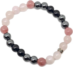 Natural Hematite, Obsidian, Strawberry Quartz & Rose Quartz 8mm Round Shape Smooth Cut Beads Stretchable Bracelet For Men & Women. Unisex Bracelet For Healing|STB_VG_11714
