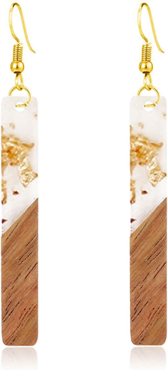 ONLYJUMP Natural Wood Resin Bar Dangle Earrings for Women Boho Earrings Statement Earrings Geometric Bar Wooden Earrings