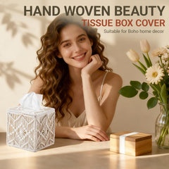 Tissue Box Cover, Square Tissue Box Holder Boho Decor Tissue Organizer, Bohemian Handmade Woven Tissue Cube Box for Bathroom Living Room Kitchen, Send Goods from Local Warehouse