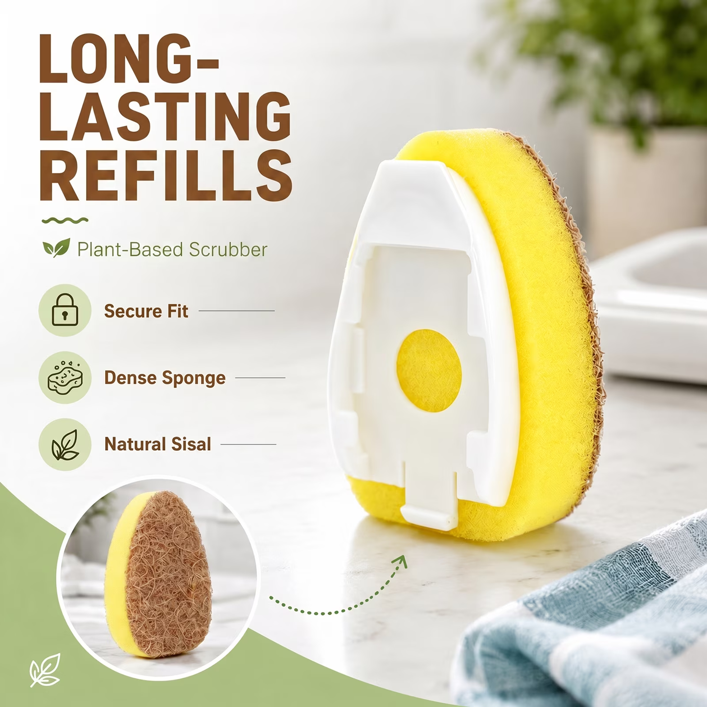 12PCS Natural Dish Wand Sponge Refills, Sisal Hemp Dishwand Refills, Non Scratch Dish Sponge Replacement Heads for Kitchen Sink, Dishes, Pots and Pans