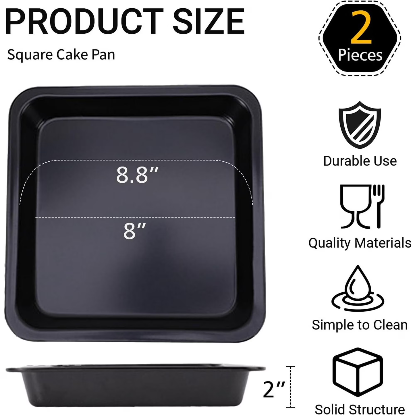 2 Pack Square Cake Pan for Cake Brownie Lasagna, 8 Inch Nonstick Square Baking Pan, Rust-resistant, Dishwasher Safe & Easy Clean